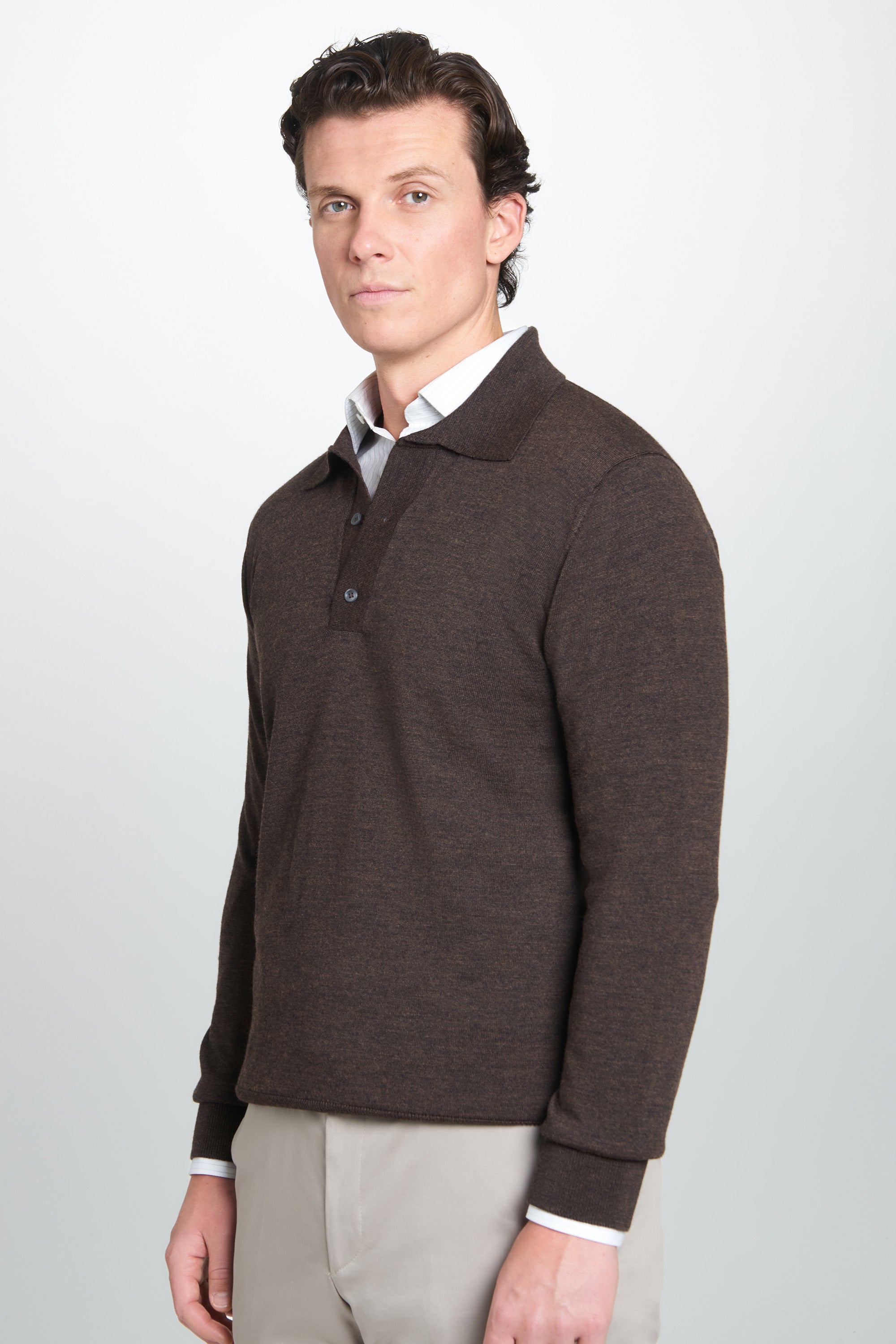 Chocolate Merino Wool Long Sleeve Polo Shirt