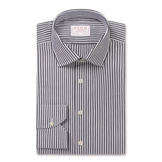 Charcoal Grey & White Classic Fit Panama Stripe Formal Shirt